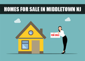 "Homes for Sale in Middletown NJ" in white font on black bar over cartoon picture of a yellow house with a real estate agent holding a for sale sign standing next to it